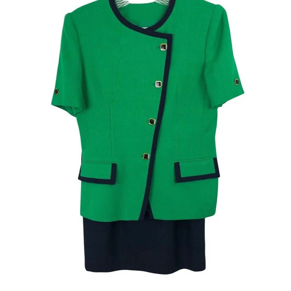 Kasper Skirt Suit 2 Piece Set Womens Size Petite 6P Green/Navy Blue - Picture 2 of 16